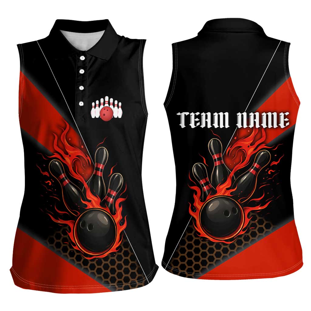 Personalized Bowling Tournament Women Sleeveless Polo Shirt Ball Strike Black And Red Custom Bowling Team - Wonder Print Shop