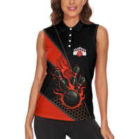 Personalized Bowling Tournament Women Sleeveless Polo Shirt Ball Strike Black And Red Custom Bowling Team - Wonder Print Shop