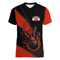 Personalized Bowling Tournament Women V-Neck T-Shirt Ball Strike Black And Red Custom Bowling Team - Wonder Print Shop