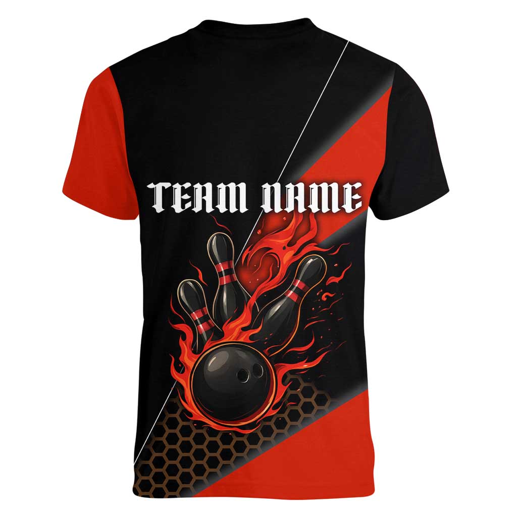 Personalized Bowling Tournament Women V-Neck T-Shirt Ball Strike Black And Red Custom Bowling Team - Wonder Print Shop
