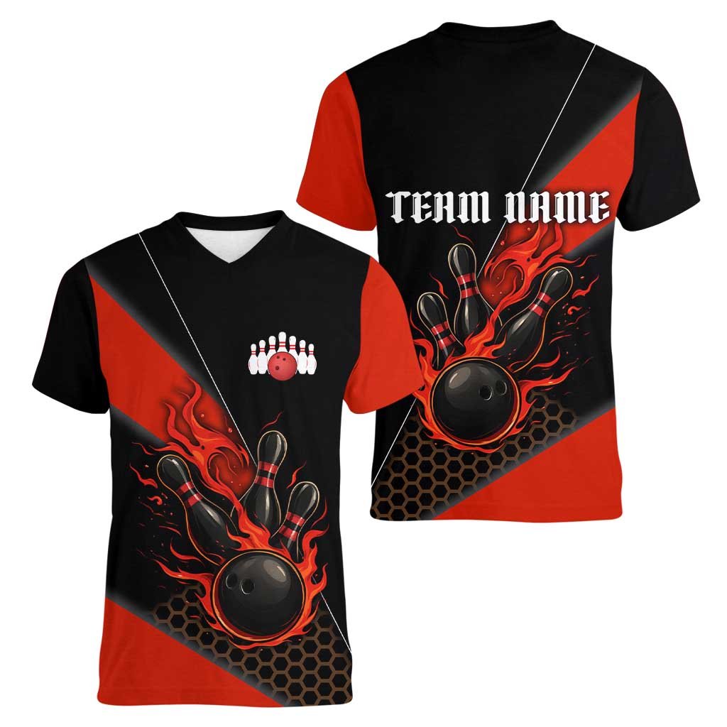 Personalized Bowling Tournament Women V-Neck T-Shirt Ball Strike Black And Red Custom Bowling Team - Wonder Print Shop