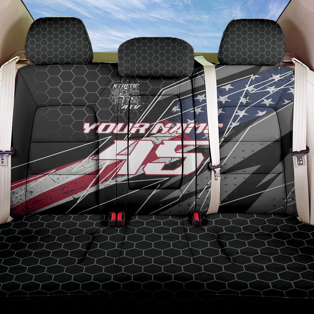 Custom Bike Shirt Racing Motocross Back Car Seat Cover American Flag and Black Hexagon Lightning Graphic Design - Wonder Print Shop