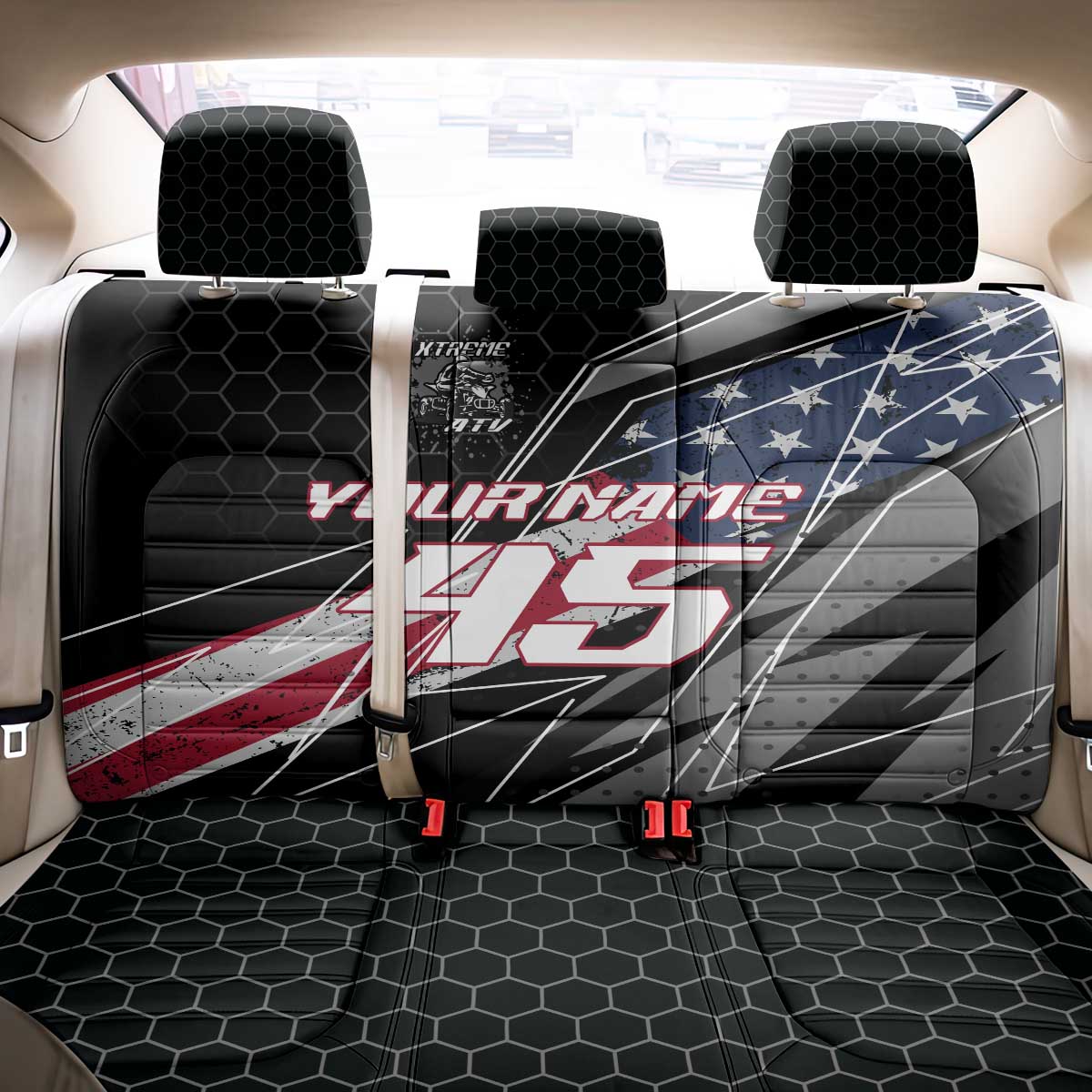 Custom Bike Shirt Racing Motocross Back Car Seat Cover American Flag and Black Hexagon Lightning Graphic Design - Wonder Print Shop
