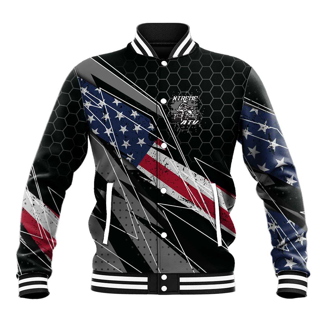 Custom Bike Shirt Racing Motocross Baseball Jacket American Flag and Black Hexagon Lightning Graphic Design - Wonder Print Shop
