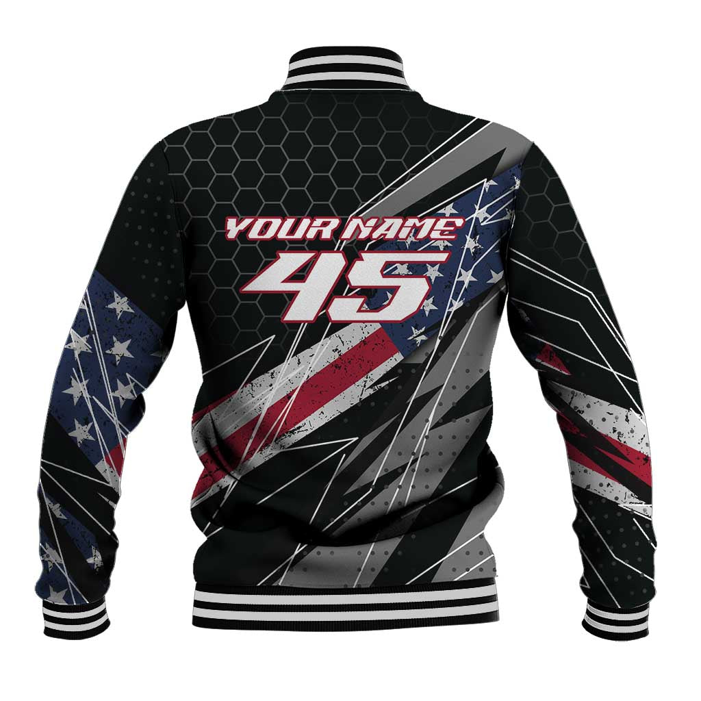 Custom Bike Shirt Racing Motocross Baseball Jacket American Flag and Black Hexagon Lightning Graphic Design - Wonder Print Shop