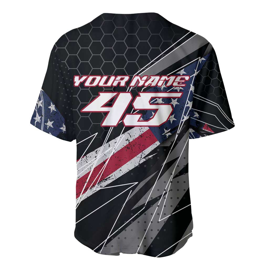 Custom Bike Shirt Racing Motocross Baseball Jersey American Flag and Black Hexagon Lightning Graphic Design - Wonder Print Shop