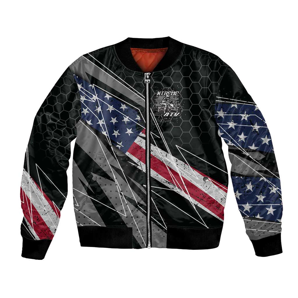 Custom Bike Shirt Racing Motocross Bomber Jacket American Flag and Black Hexagon Lightning Graphic Design - Wonder Print Shop