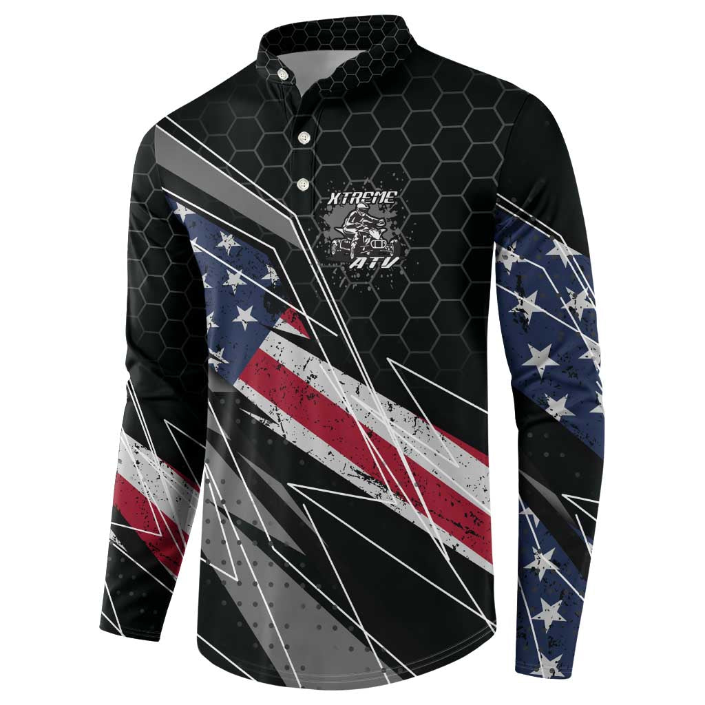 Custom Bike Shirt Racing Motocross Button Sweatshirt American Flag and Black Hexagon Lightning Graphic Design - Wonder Print Shop
