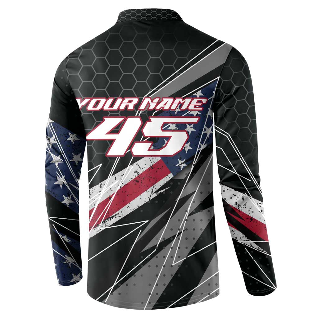 Custom Bike Shirt Racing Motocross Button Sweatshirt American Flag and Black Hexagon Lightning Graphic Design - Wonder Print Shop