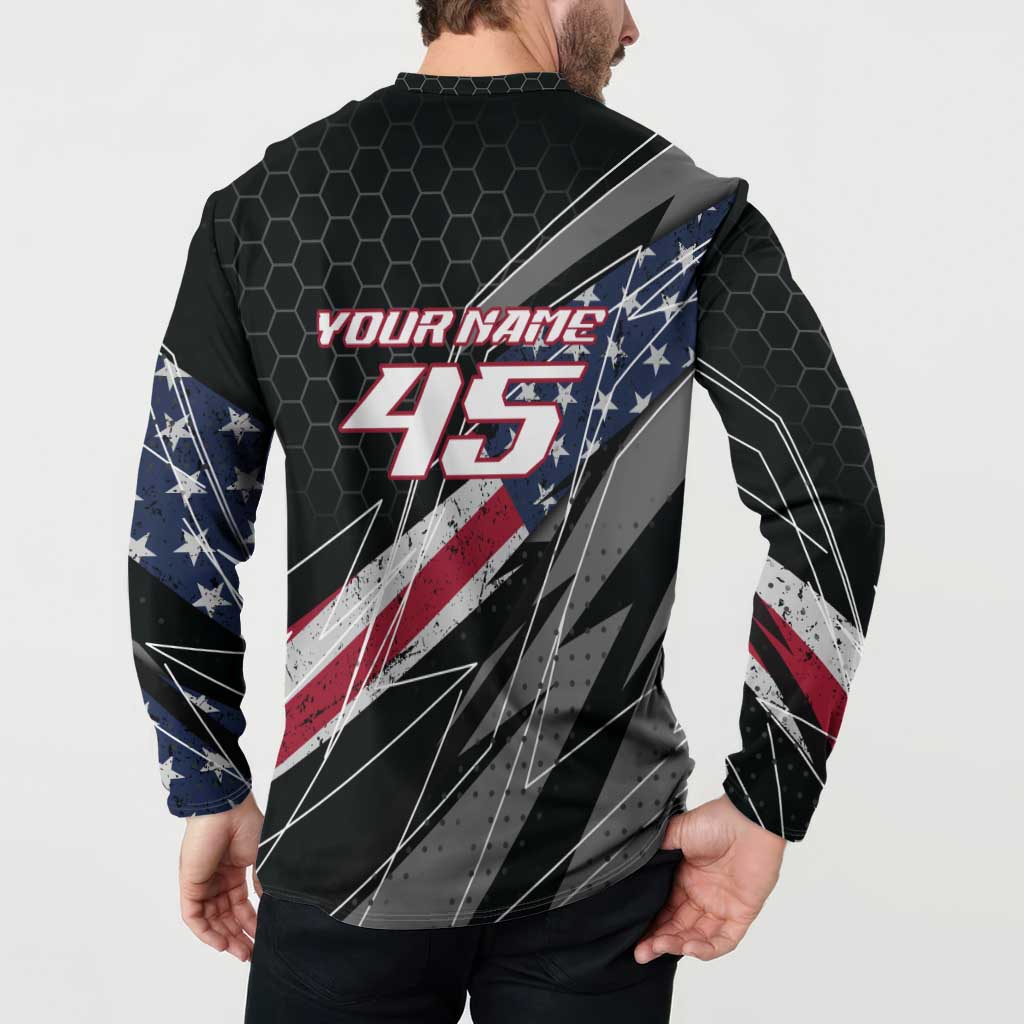 Custom Bike Shirt Racing Motocross Button Sweatshirt American Flag and Black Hexagon Lightning Graphic Design - Wonder Print Shop