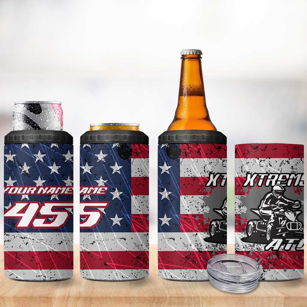 Custom Bike Shirt Racing Motocross 4 in 1 Can Cooler Tumbler American Flag and Black Hexagon Lightning Graphic Design - Wonder Print Shop