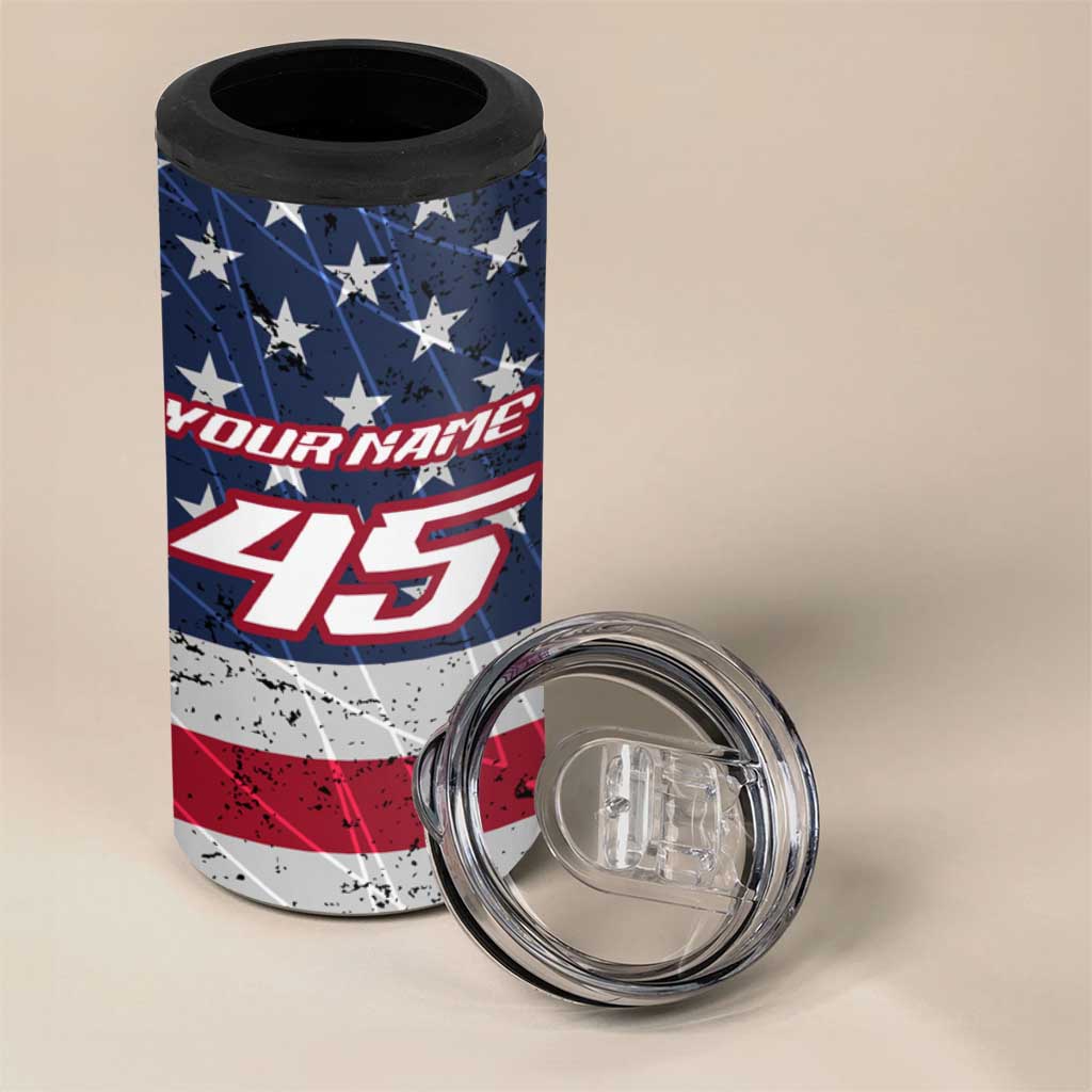 Custom Bike Shirt Racing Motocross 4 in 1 Can Cooler Tumbler American Flag and Black Hexagon Lightning Graphic Design - Wonder Print Shop