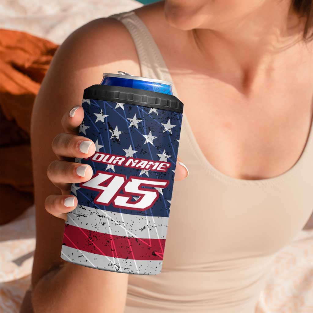 Custom Bike Shirt Racing Motocross 4 in 1 Can Cooler Tumbler American Flag and Black Hexagon Lightning Graphic Design - Wonder Print Shop