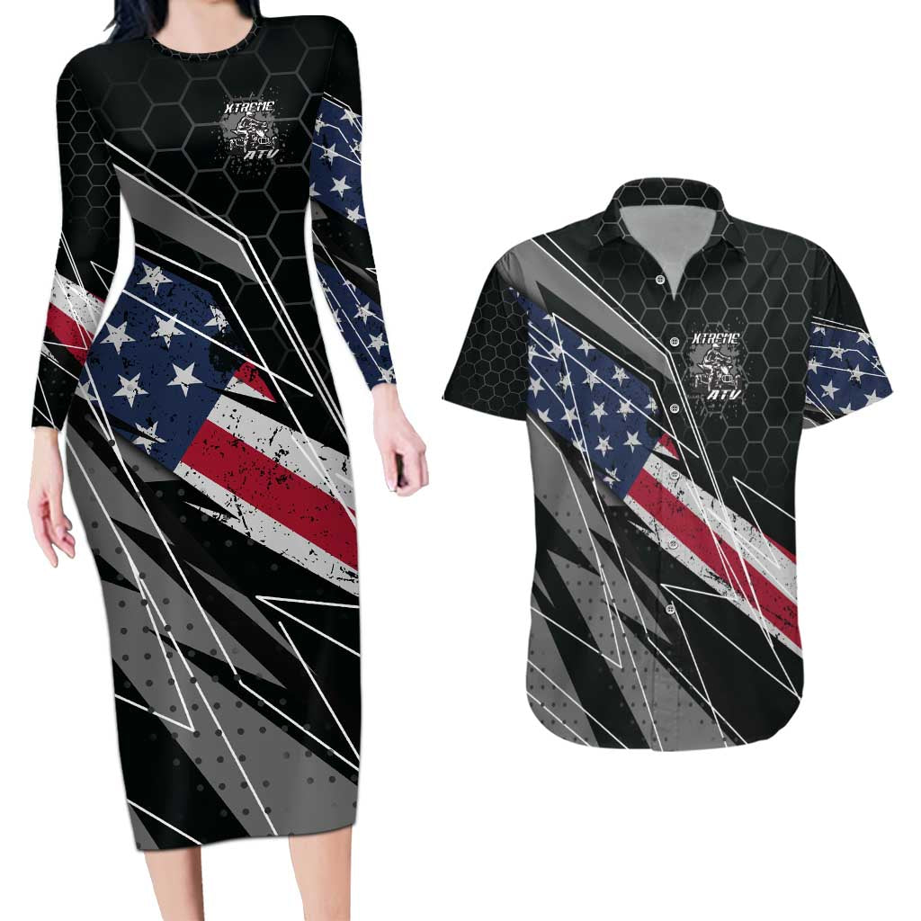 Custom Bike Shirt Racing Motocross Couples Matching Long Sleeve Bodycon Dress and Hawaiian Shirt American Flag and Black Hexagon Lightning Graphic Design - Wonder Print Shop