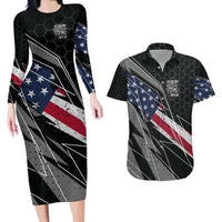 Custom Bike Shirt Racing Motocross Couples Matching Long Sleeve Bodycon Dress and Hawaiian Shirt American Flag and Black Hexagon Lightning Graphic Design - Wonder Print Shop