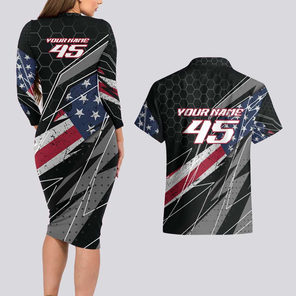 Custom Bike Shirt Racing Motocross Couples Matching Long Sleeve Bodycon Dress and Hawaiian Shirt American Flag and Black Hexagon Lightning Graphic Design - Wonder Print Shop