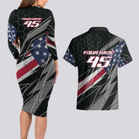 Custom Bike Shirt Racing Motocross Couples Matching Long Sleeve Bodycon Dress and Hawaiian Shirt American Flag and Black Hexagon Lightning Graphic Design - Wonder Print Shop