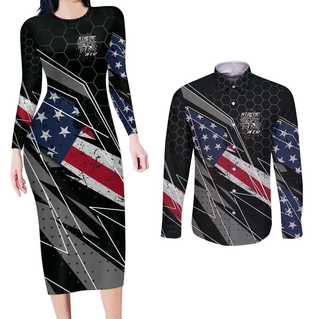 Custom Bike Shirt Racing Motocross Couples Matching Long Sleeve Bodycon Dress and Long Sleeve Button Shirt American Flag and Black Hexagon Lightning Graphic Design - Wonder Print Shop