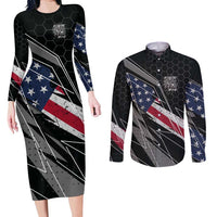 Custom Bike Shirt Racing Motocross Couples Matching Long Sleeve Bodycon Dress and Long Sleeve Button Shirt American Flag and Black Hexagon Lightning Graphic Design - Wonder Print Shop