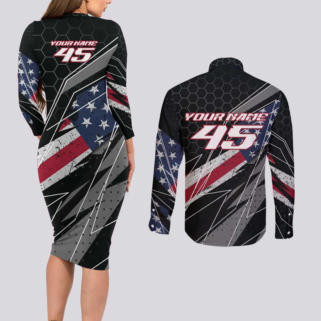 Custom Bike Shirt Racing Motocross Couples Matching Long Sleeve Bodycon Dress and Long Sleeve Button Shirt American Flag and Black Hexagon Lightning Graphic Design - Wonder Print Shop