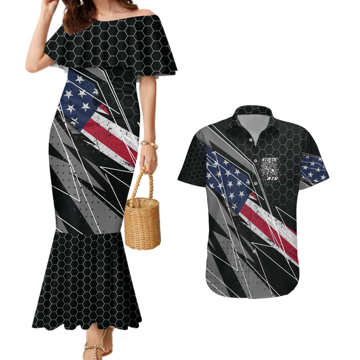 Custom Bike Shirt Racing Motocross Couples Matching Mermaid Dress and Hawaiian Shirt American Flag and Black Hexagon Lightning Graphic Design - Wonder Print Shop
