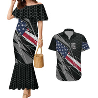 Custom Bike Shirt Racing Motocross Couples Matching Mermaid Dress and Hawaiian Shirt American Flag and Black Hexagon Lightning Graphic Design - Wonder Print Shop