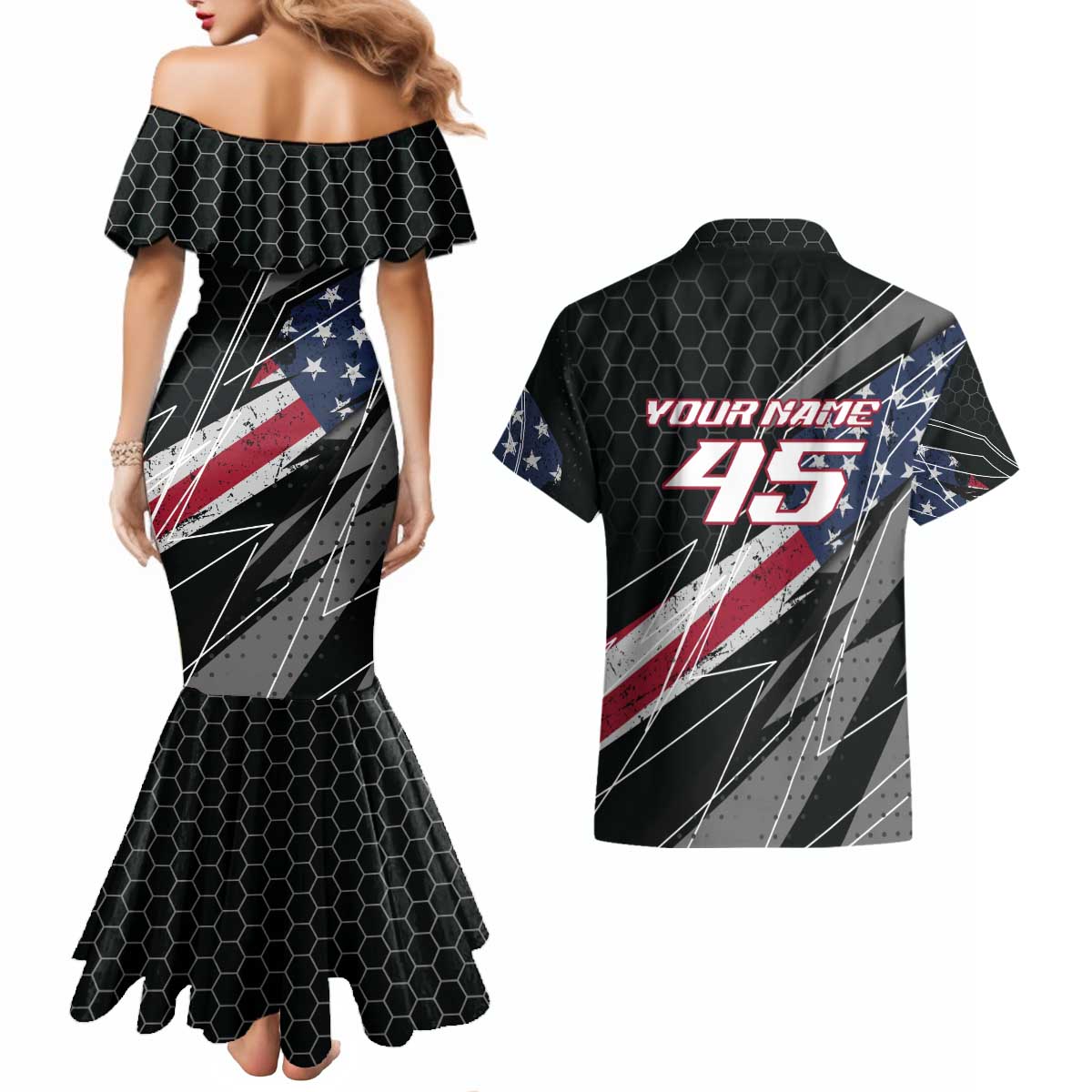 Custom Bike Shirt Racing Motocross Couples Matching Mermaid Dress and Hawaiian Shirt American Flag and Black Hexagon Lightning Graphic Design - Wonder Print Shop