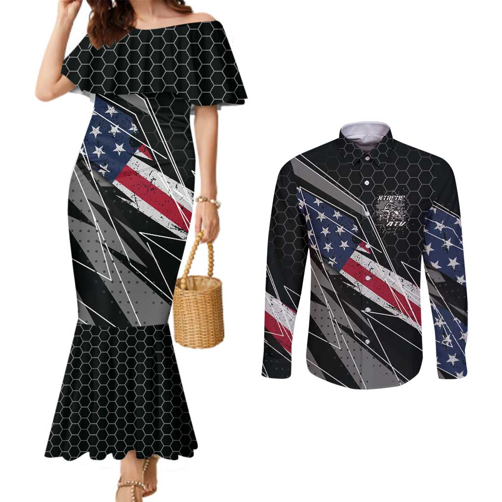 Custom Bike Shirt Racing Motocross Couples Matching Mermaid Dress and Long Sleeve Button Shirt American Flag and Black Hexagon Lightning Graphic Design - Wonder Print Shop
