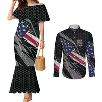 Custom Bike Shirt Racing Motocross Couples Matching Mermaid Dress and Long Sleeve Button Shirt American Flag and Black Hexagon Lightning Graphic Design - Wonder Print Shop