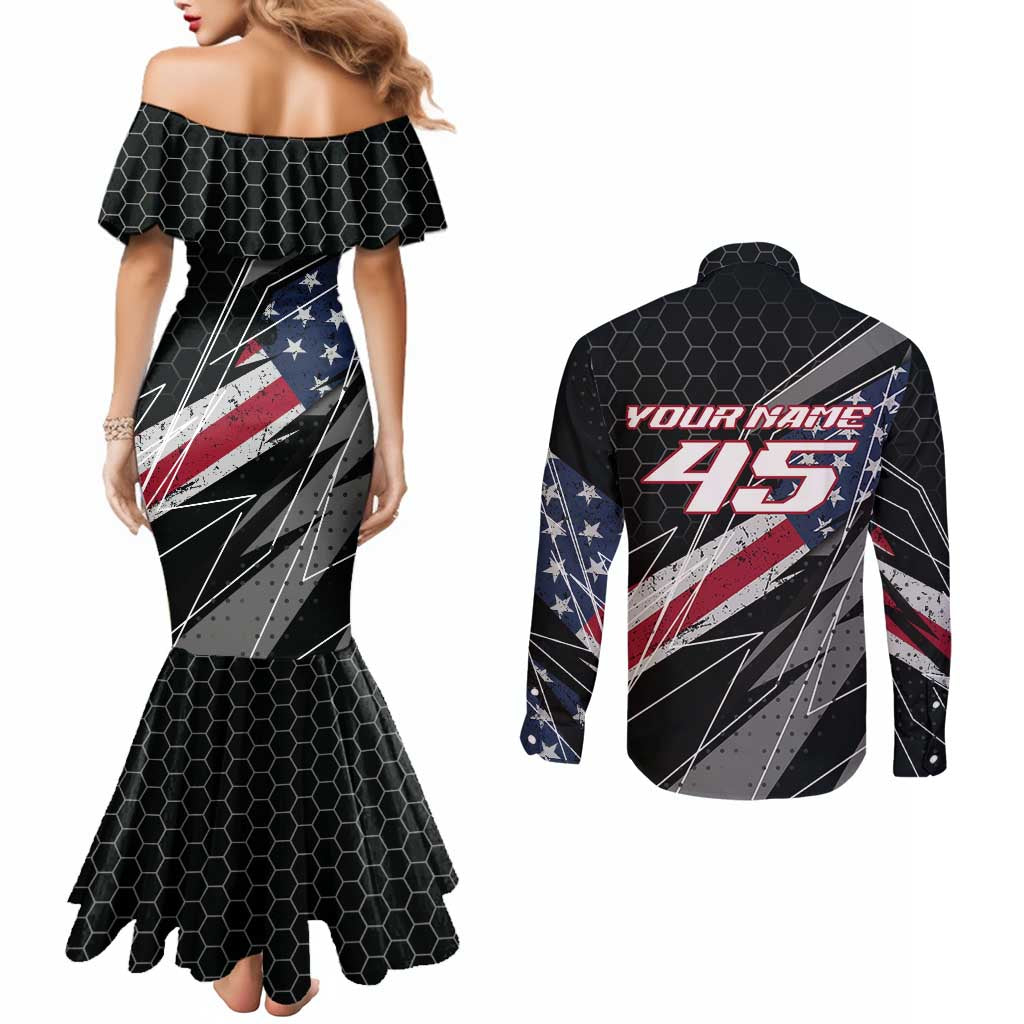 Custom Bike Shirt Racing Motocross Couples Matching Mermaid Dress and Long Sleeve Button Shirt American Flag and Black Hexagon Lightning Graphic Design - Wonder Print Shop