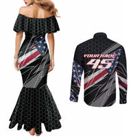 Custom Bike Shirt Racing Motocross Couples Matching Mermaid Dress and Long Sleeve Button Shirt American Flag and Black Hexagon Lightning Graphic Design - Wonder Print Shop