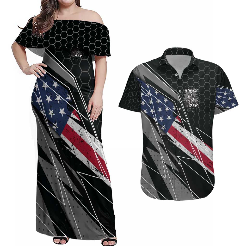 Custom Bike Shirt Racing Motocross Couples Matching Off Shoulder Maxi Dress and Hawaiian Shirt American Flag and Black Hexagon Lightning Graphic Design - Wonder Print Shop