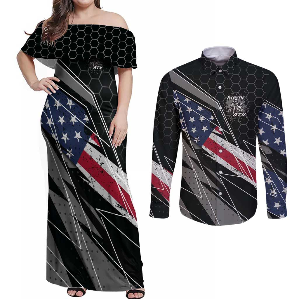 Custom Bike Shirt Racing Motocross Couples Matching Off Shoulder Maxi Dress and Long Sleeve Button Shirt American Flag and Black Hexagon Lightning Graphic Design - Wonder Print Shop
