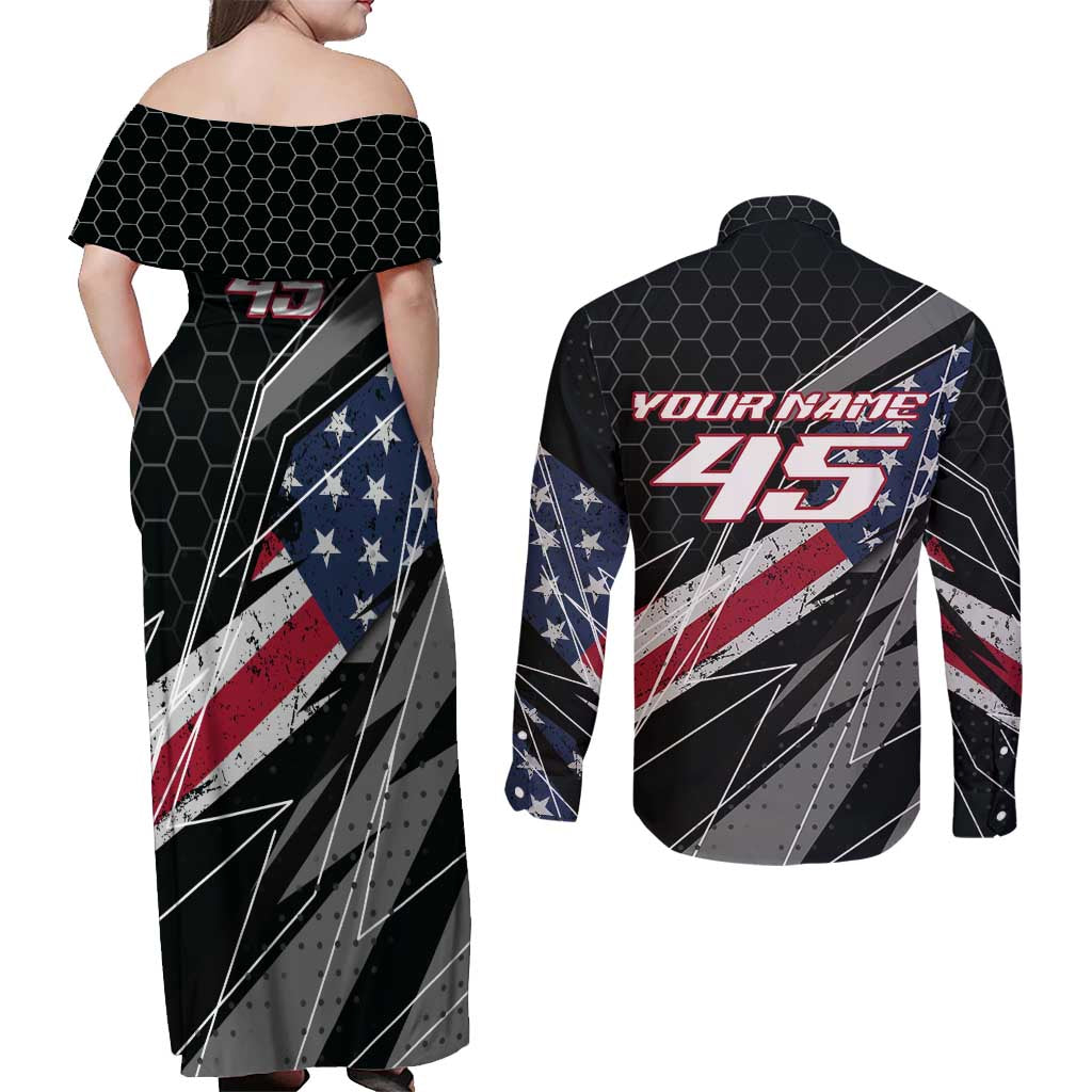 Custom Bike Shirt Racing Motocross Couples Matching Off Shoulder Maxi Dress and Long Sleeve Button Shirt American Flag and Black Hexagon Lightning Graphic Design - Wonder Print Shop