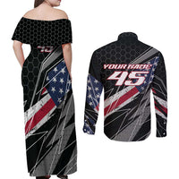 Custom Bike Shirt Racing Motocross Couples Matching Off Shoulder Maxi Dress and Long Sleeve Button Shirt American Flag and Black Hexagon Lightning Graphic Design - Wonder Print Shop