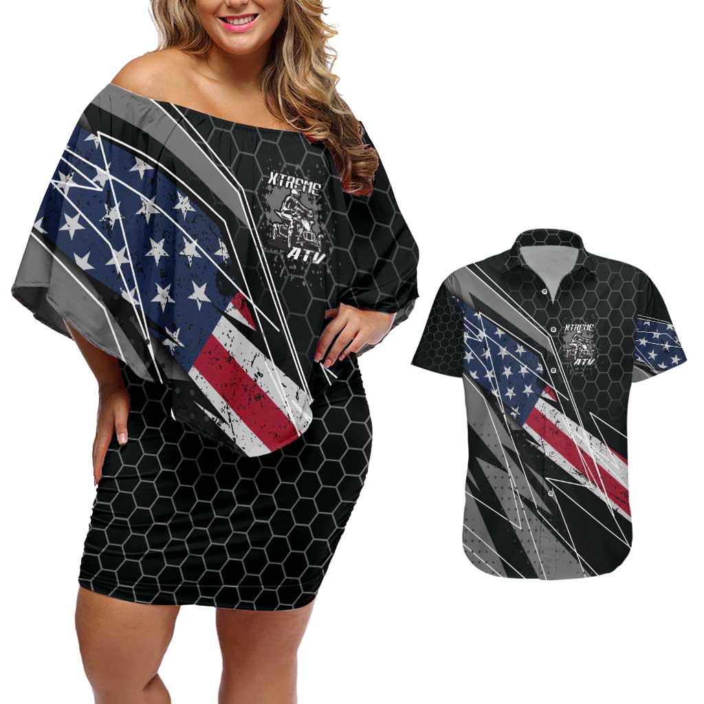 Custom Bike Shirt Racing Motocross Couples Matching Off Shoulder Short Dress and Hawaiian Shirt American Flag and Black Hexagon Lightning Graphic Design - Wonder Print Shop