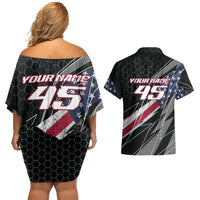 Custom Bike Shirt Racing Motocross Couples Matching Off Shoulder Short Dress and Hawaiian Shirt American Flag and Black Hexagon Lightning Graphic Design - Wonder Print Shop