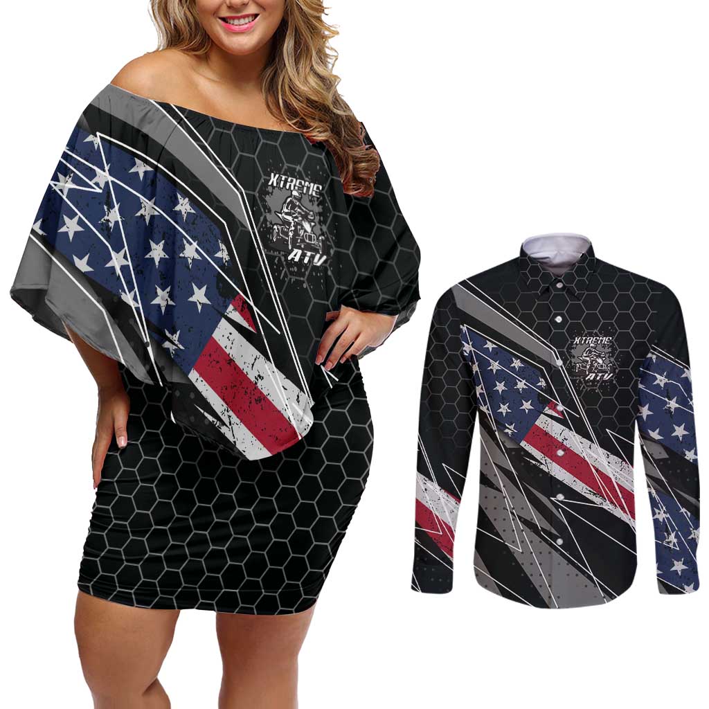 Custom Bike Shirt Racing Motocross Couples Matching Off Shoulder Short Dress and Long Sleeve Button Shirt American Flag and Black Hexagon Lightning Graphic Design - Wonder Print Shop