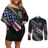Custom Bike Shirt Racing Motocross Couples Matching Off Shoulder Short Dress and Long Sleeve Button Shirt American Flag and Black Hexagon Lightning Graphic Design - Wonder Print Shop