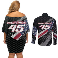 Custom Bike Shirt Racing Motocross Couples Matching Off Shoulder Short Dress and Long Sleeve Button Shirt American Flag and Black Hexagon Lightning Graphic Design - Wonder Print Shop