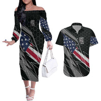 Custom Bike Shirt Racing Motocross Couples Matching Off The Shoulder Long Sleeve Dress and Hawaiian Shirt American Flag and Black Hexagon Lightning Graphic Design - Wonder Print Shop