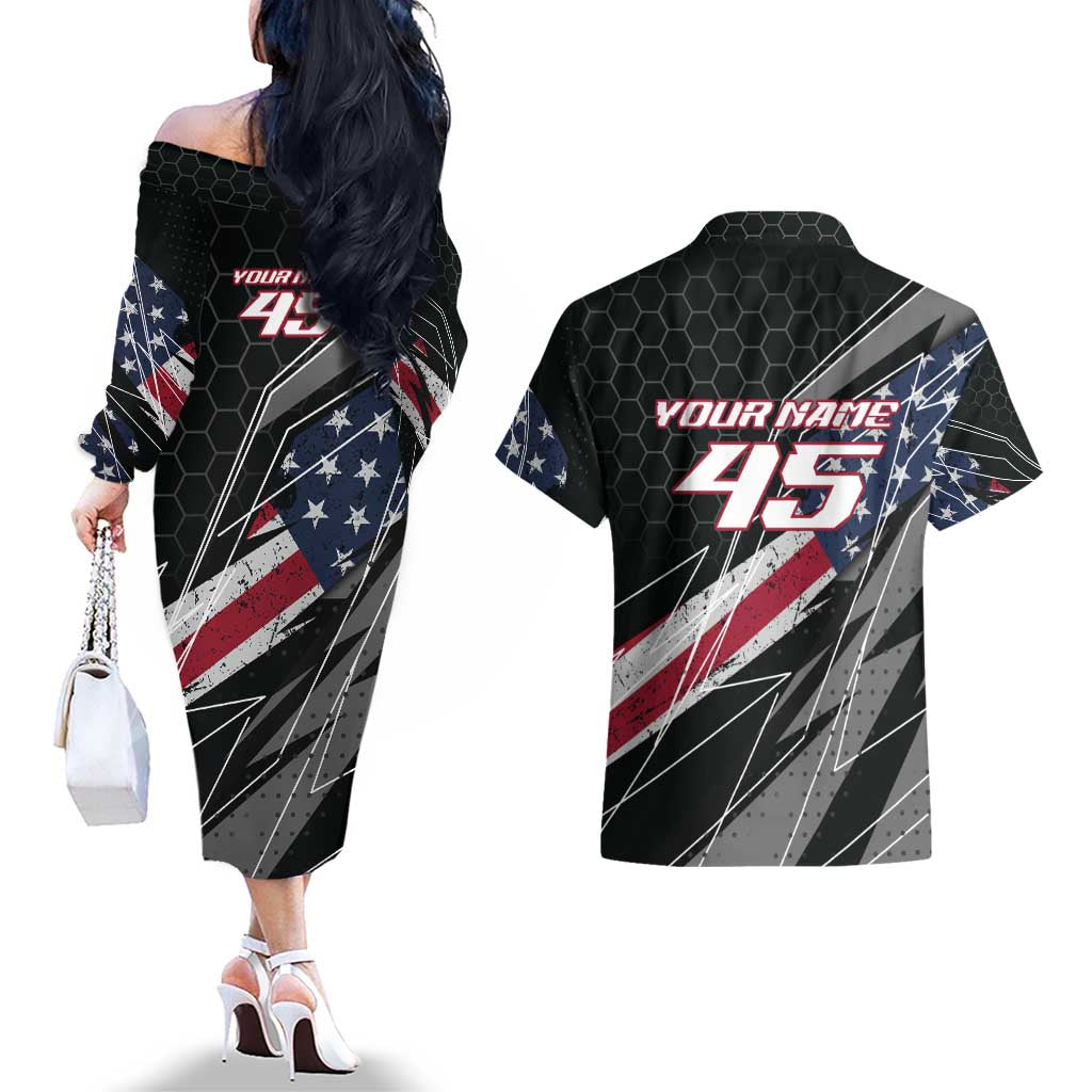 Custom Bike Shirt Racing Motocross Couples Matching Off The Shoulder Long Sleeve Dress and Hawaiian Shirt American Flag and Black Hexagon Lightning Graphic Design - Wonder Print Shop