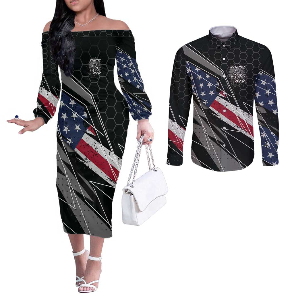 Custom Bike Shirt Racing Motocross Couples Matching Off The Shoulder Long Sleeve Dress and Long Sleeve Button Shirt American Flag and Black Hexagon Lightning Graphic Design - Wonder Print Shop
