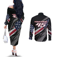 Custom Bike Shirt Racing Motocross Couples Matching Off The Shoulder Long Sleeve Dress and Long Sleeve Button Shirt American Flag and Black Hexagon Lightning Graphic Design - Wonder Print Shop