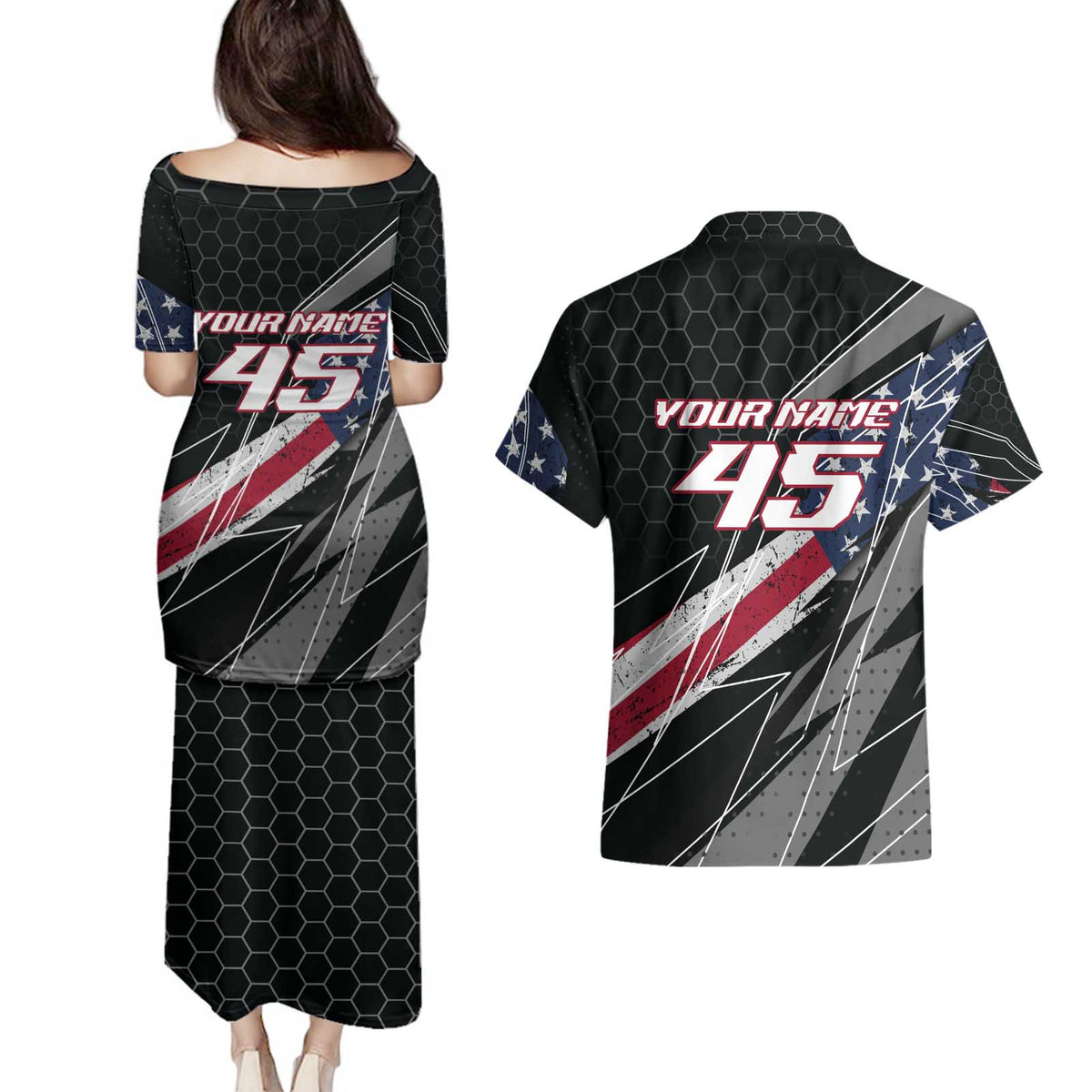 Custom Bike Shirt Racing Motocross Couples Matching Puletasi and Hawaiian Shirt American Flag and Black Hexagon Lightning Graphic Design - Wonder Print Shop