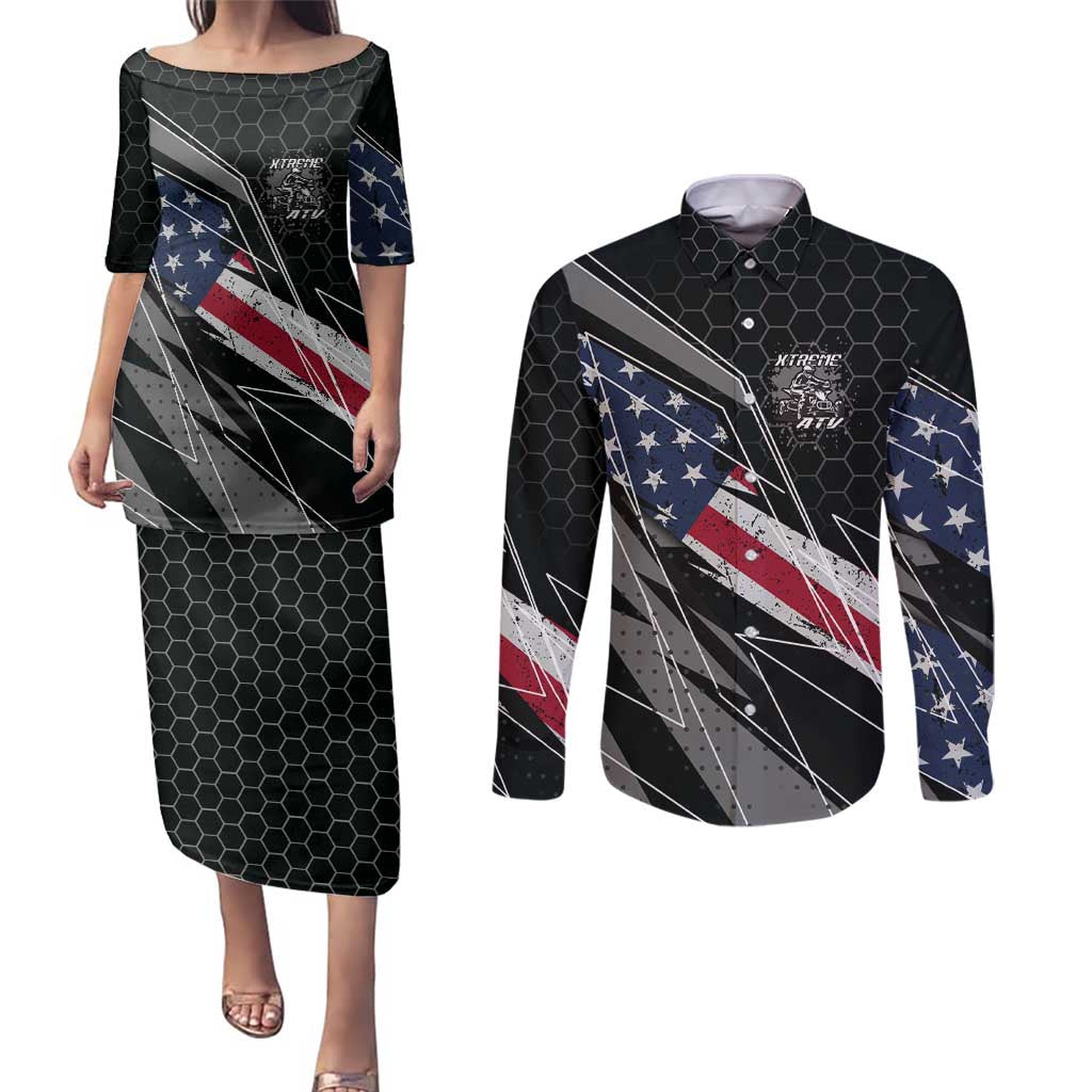 Custom Bike Shirt Racing Motocross Couples Matching Puletasi and Long Sleeve Button Shirt American Flag and Black Hexagon Lightning Graphic Design - Wonder Print Shop