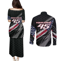 Custom Bike Shirt Racing Motocross Couples Matching Puletasi and Long Sleeve Button Shirt American Flag and Black Hexagon Lightning Graphic Design - Wonder Print Shop