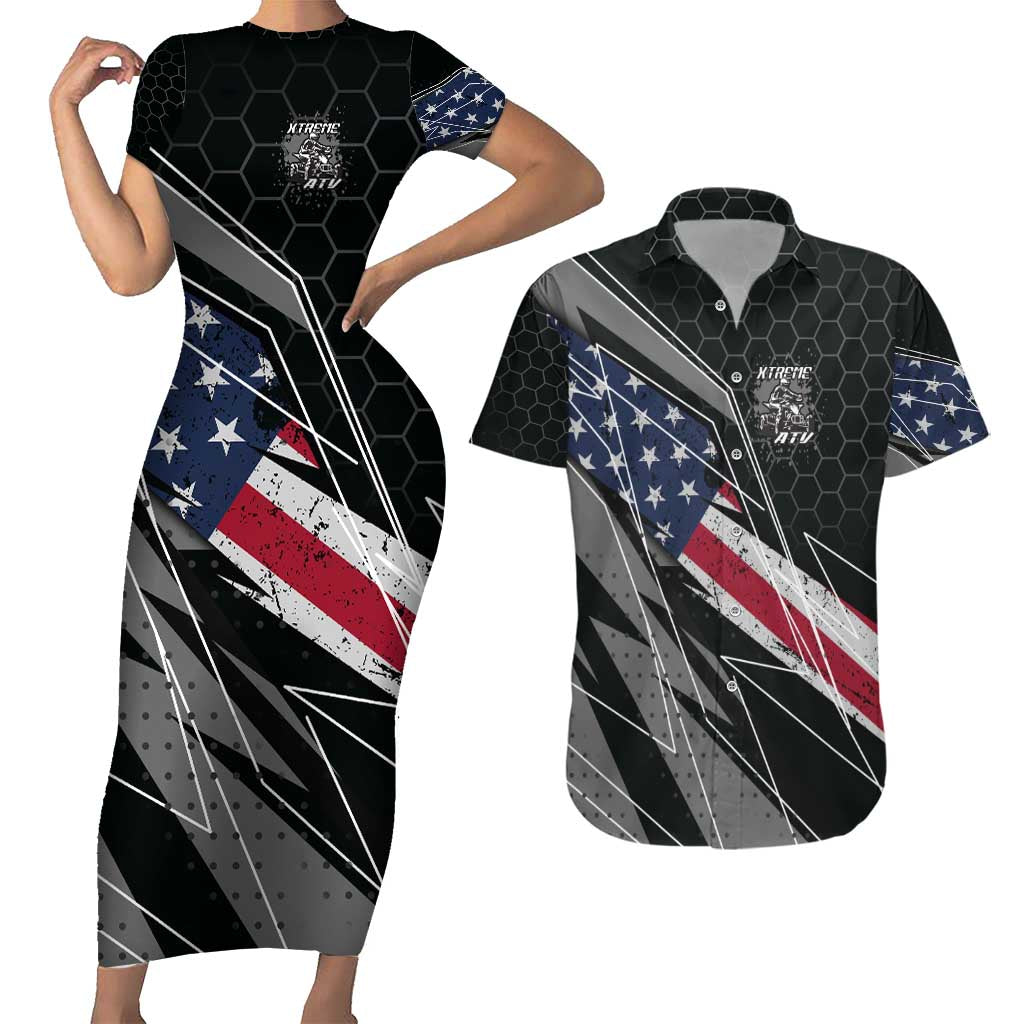 Custom Bike Shirt Racing Motocross Couples Matching Short Sleeve Bodycon Dress and Hawaiian Shirt American Flag and Black Hexagon Lightning Graphic Design - Wonder Print Shop