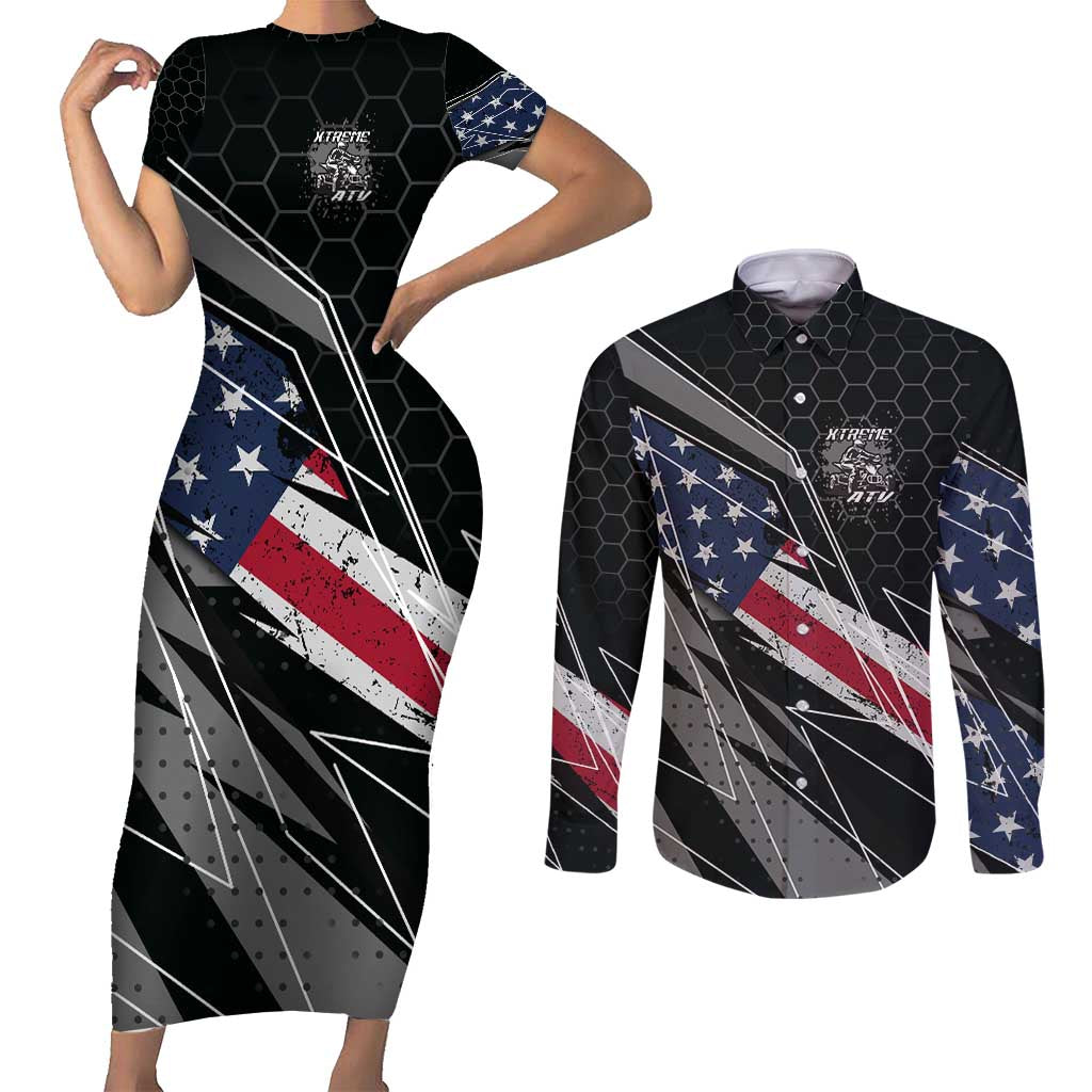 Custom Bike Shirt Racing Motocross Couples Matching Short Sleeve Bodycon Dress and Long Sleeve Button Shirt American Flag and Black Hexagon Lightning Graphic Design - Wonder Print Shop