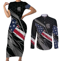Custom Bike Shirt Racing Motocross Couples Matching Short Sleeve Bodycon Dress and Long Sleeve Button Shirt American Flag and Black Hexagon Lightning Graphic Design - Wonder Print Shop